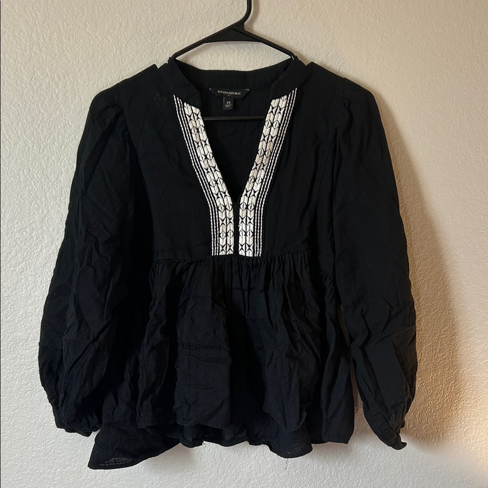 Banana Republic Black Blouse with White Embroidery